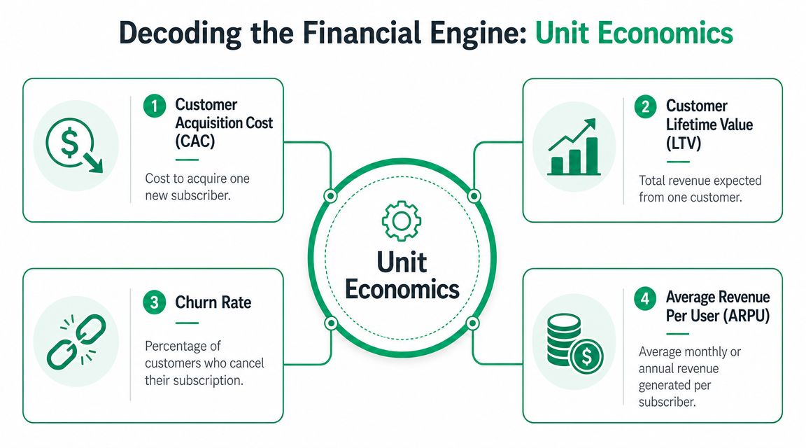 A diagram illustrating four key unit economics metrics for a subscription business: CAC, LTV, Churn Rate, and ARPU.