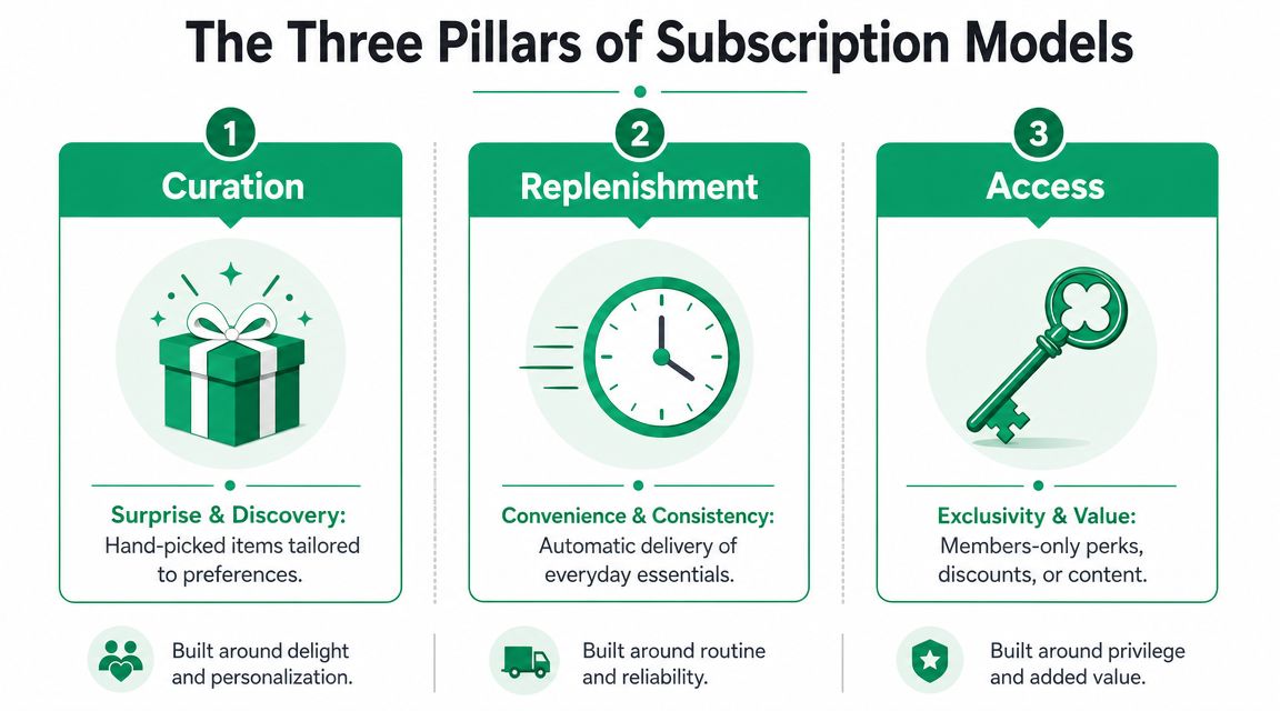 An infographic titled The Three Pillars of Subscription Models, illustrating Curation, Replenishment, and Access with icons.