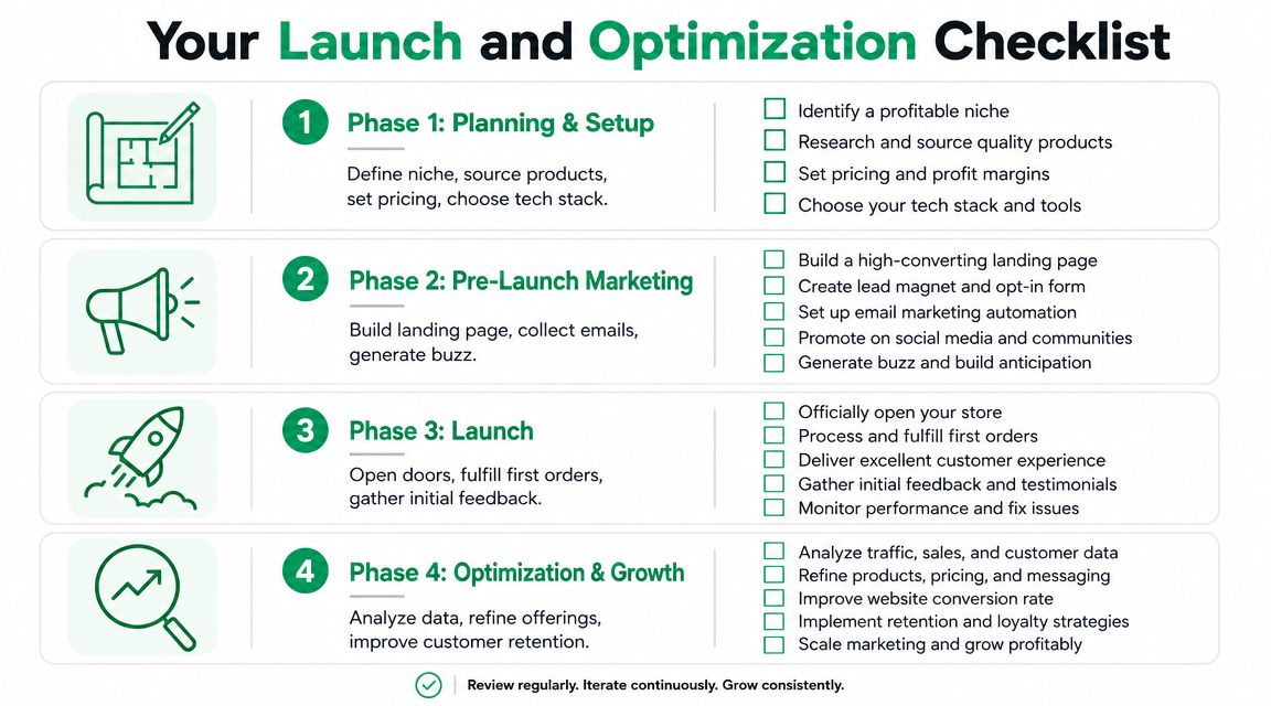 A four-phase checklist graphic showing steps to launch and optimize a subscription box service business.