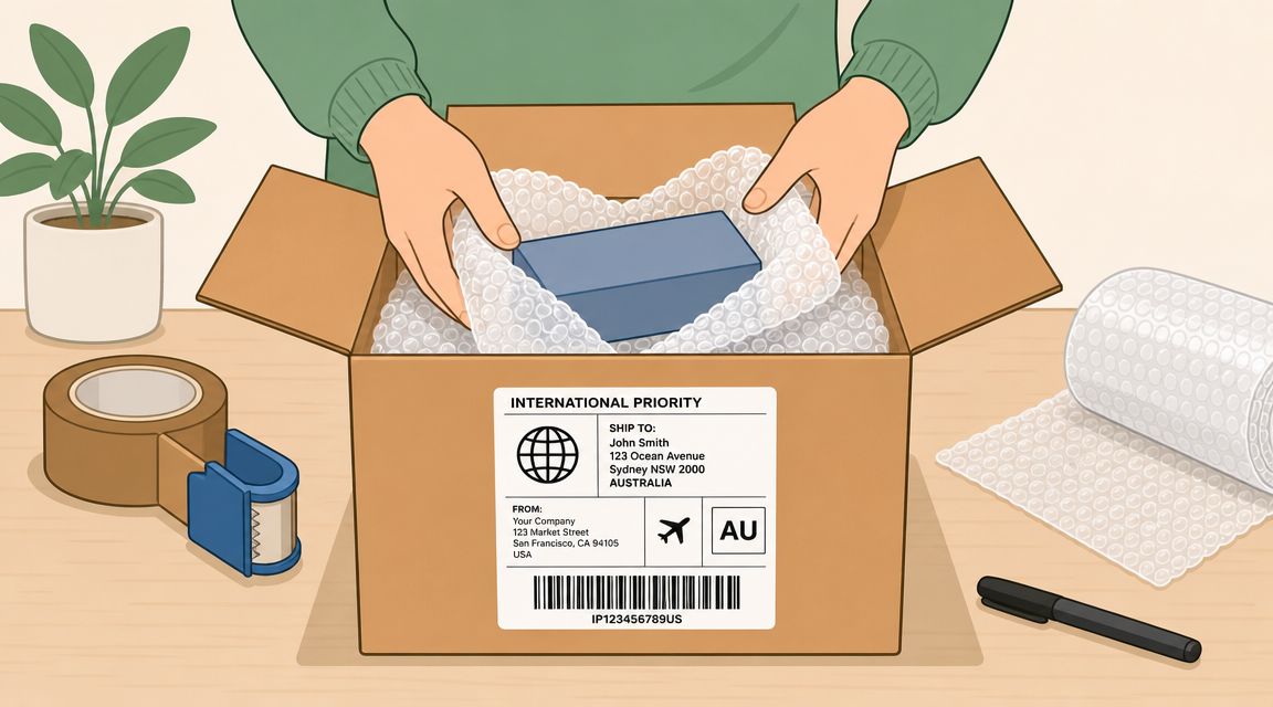 A person carefully packing a blue box into an international shipping carton with bubble wrap.