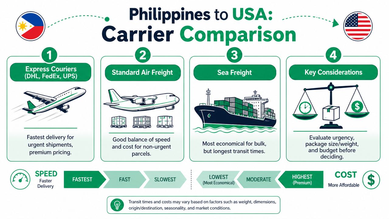 An infographic comparing shipping methods from the Philippines to the USA based on speed and cost.