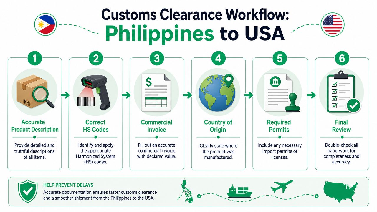 A six-step infographic detailing the customs clearance workflow for shipping products from the Philippines to the USA.