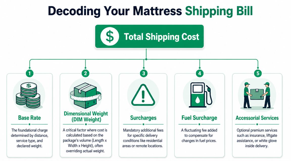 A diagram explaining the five key components that determine the total shipping cost of a mattress.