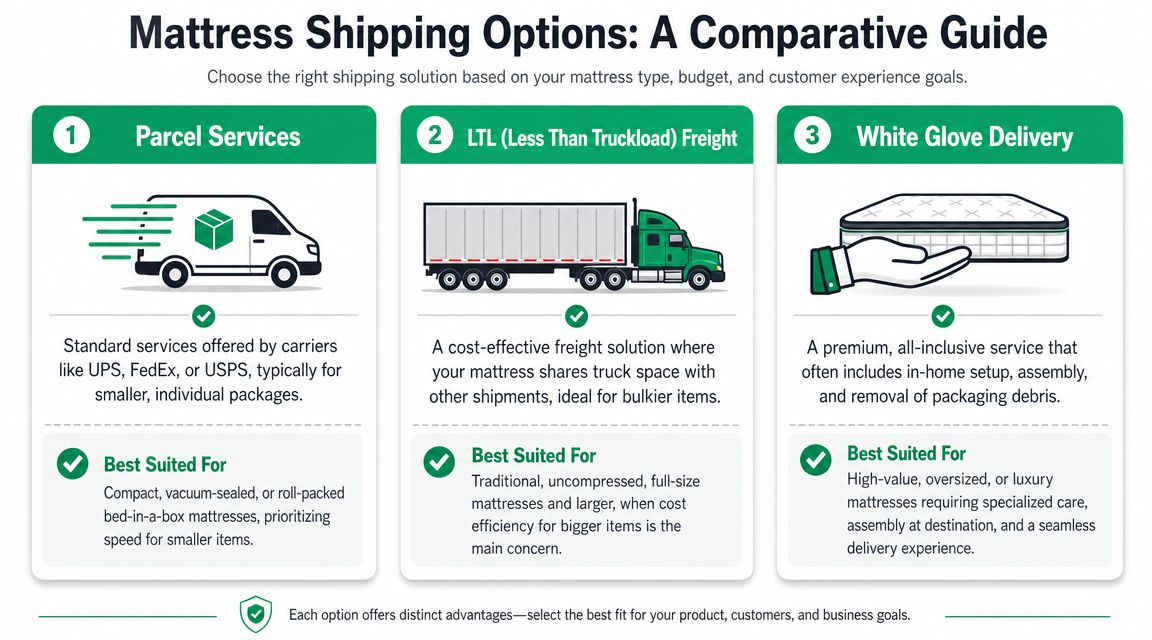 A comparison guide for mattress shipping options, detailing parcel services, LTL freight, and white glove delivery methods.