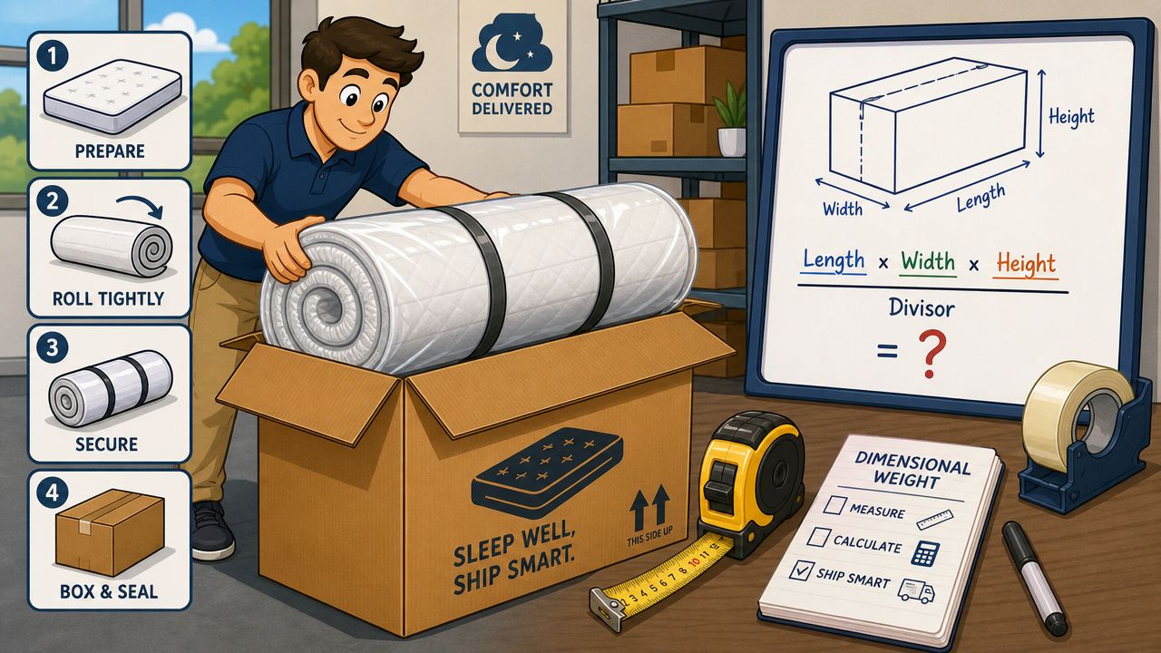 A man carefully placing a rolled mattress into a shipping box, explaining dimensional weight calculation for shipping.