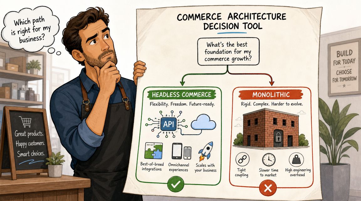 A man presenting a decision tool comparing headless commerce benefits against traditional monolithic architecture for business growth.