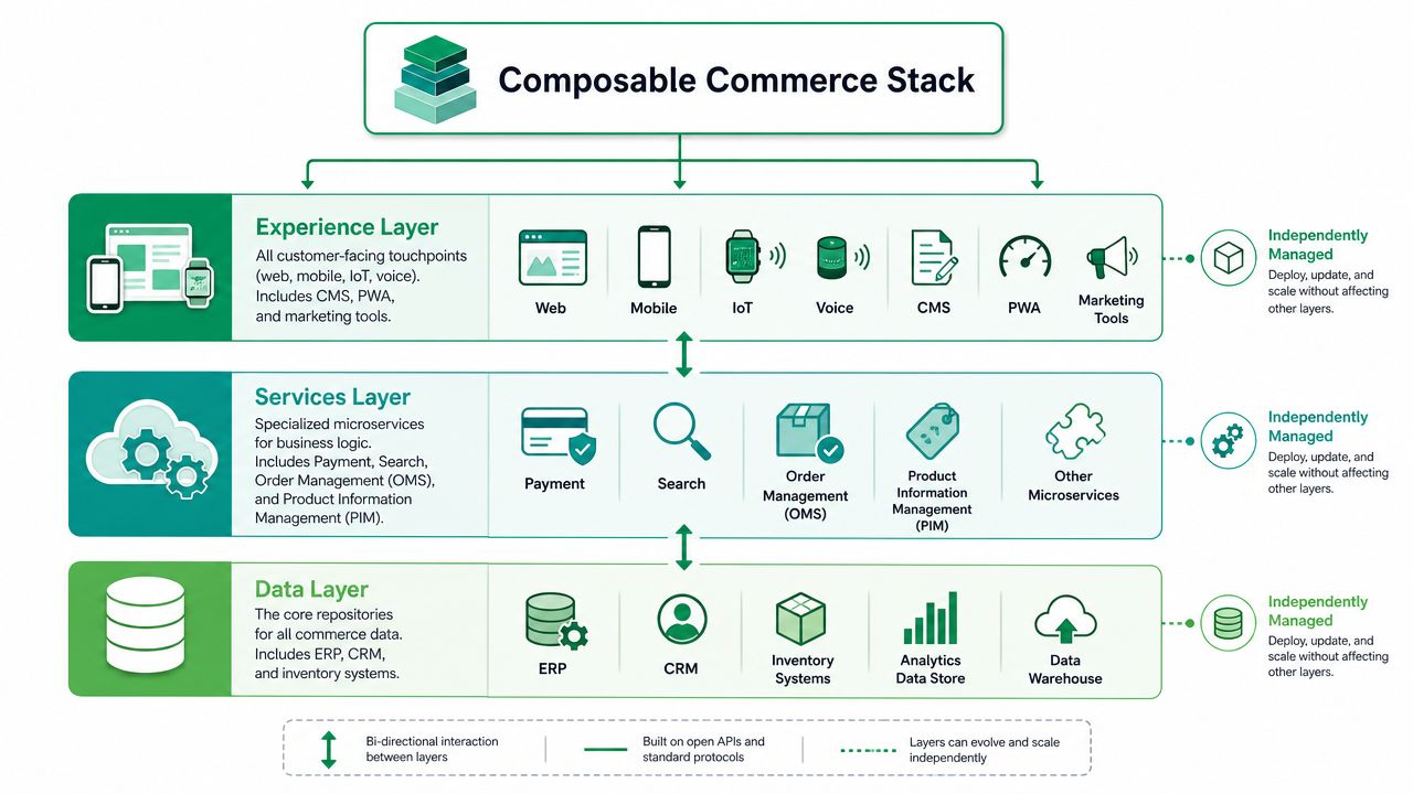 A diagram illustrating a composable commerce stack with experience, services, and data layers.