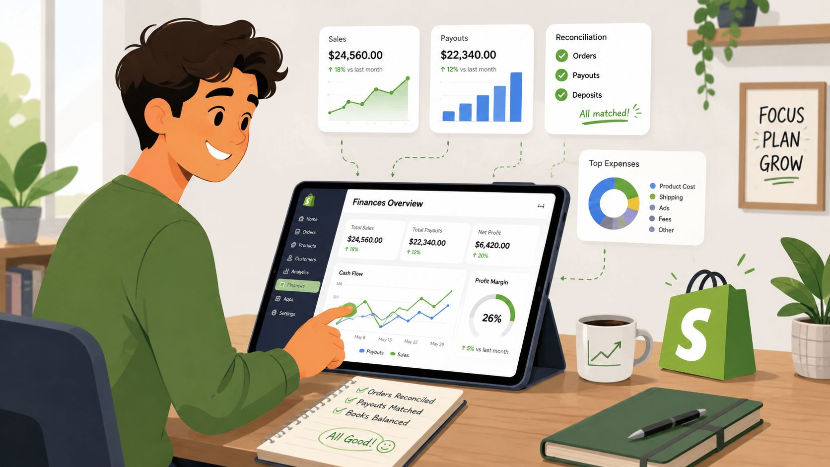 A digital illustration of a person reviewing financial reconciliation data on a tablet in their workspace.
