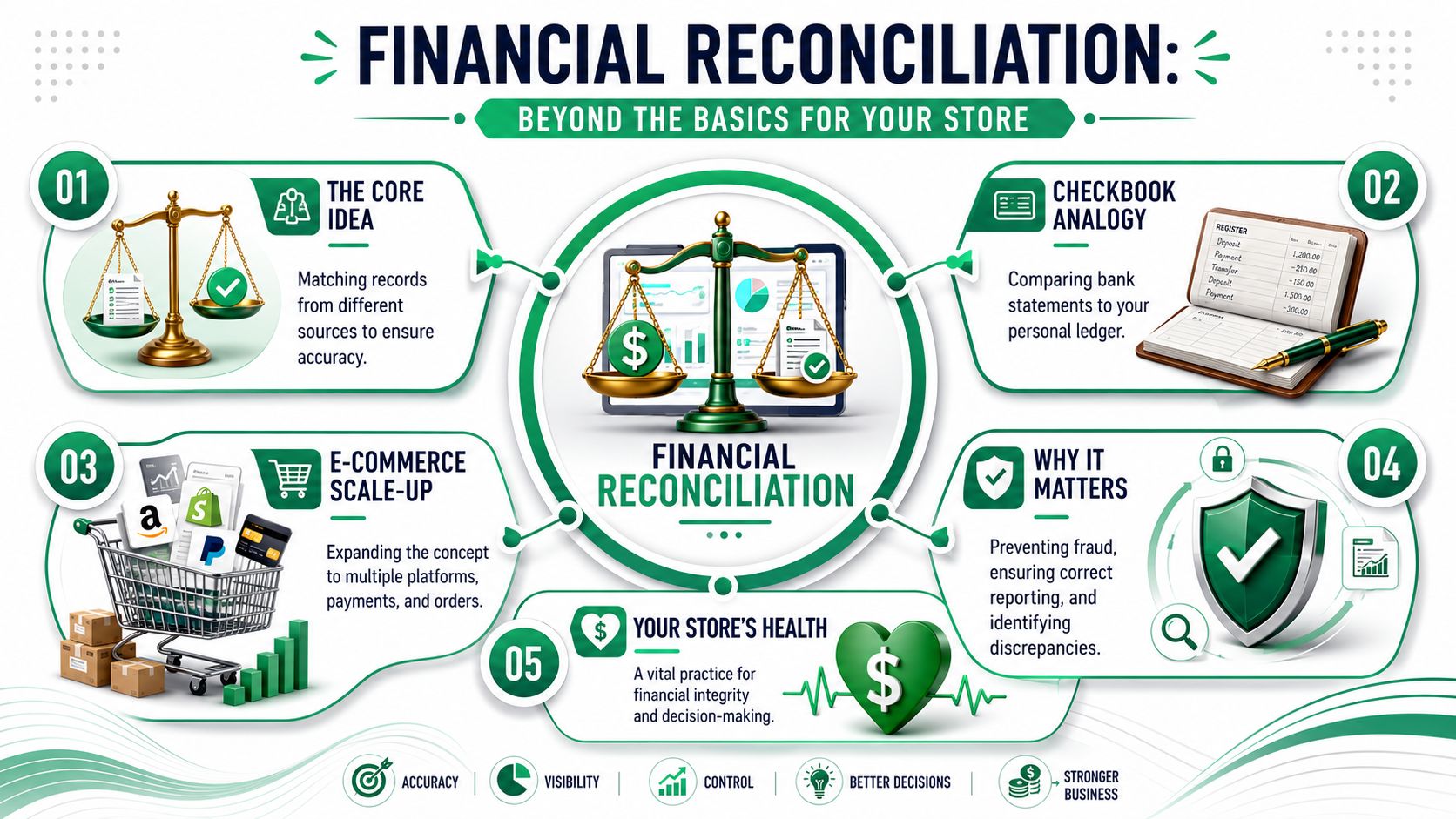 An infographic detailing the financial reconciliation process for e-commerce stores with five key concepts and benefits.