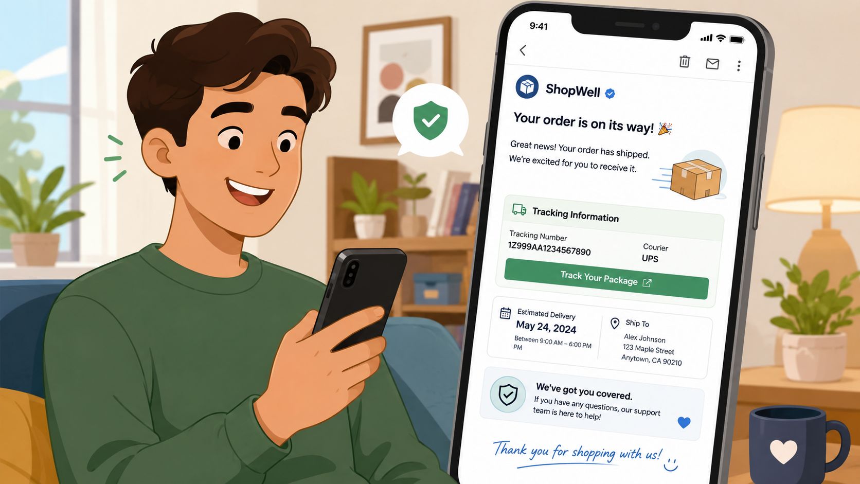 A happy young man checking his order shipping confirmation email on his smartphone at home.