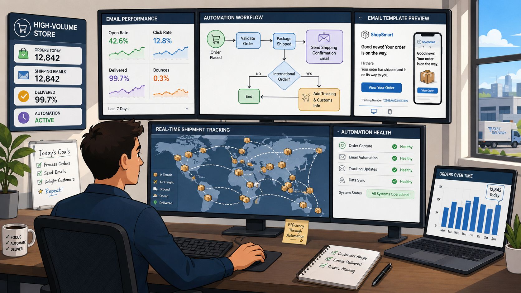 A professional working at a desk monitoring automated global shipping confirmation emails on multiple digital screens.