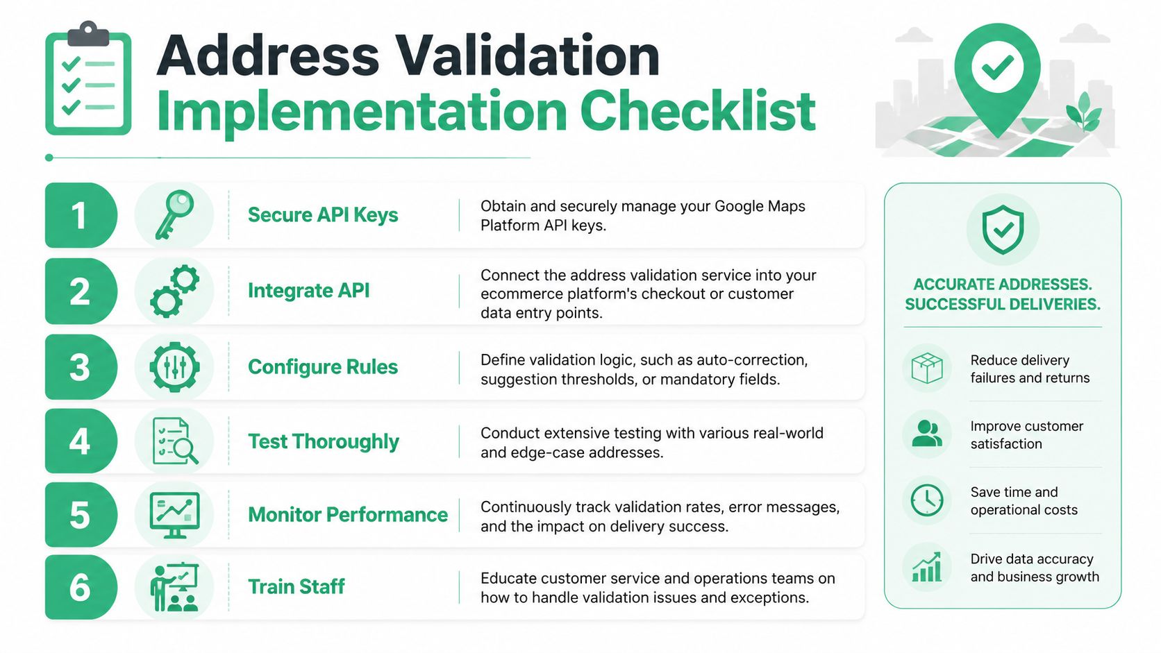 A six-step checklist for implementing Google Maps address validation to ensure accurate deliveries and improve business efficiency.