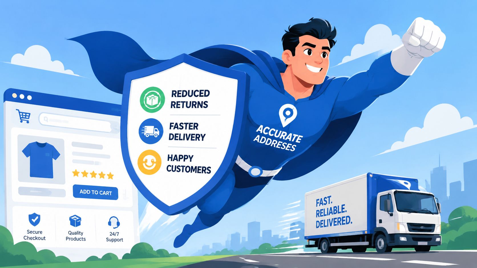 A superhero character carrying a shield with delivery benefits flying next to a delivery truck and ecommerce interface.