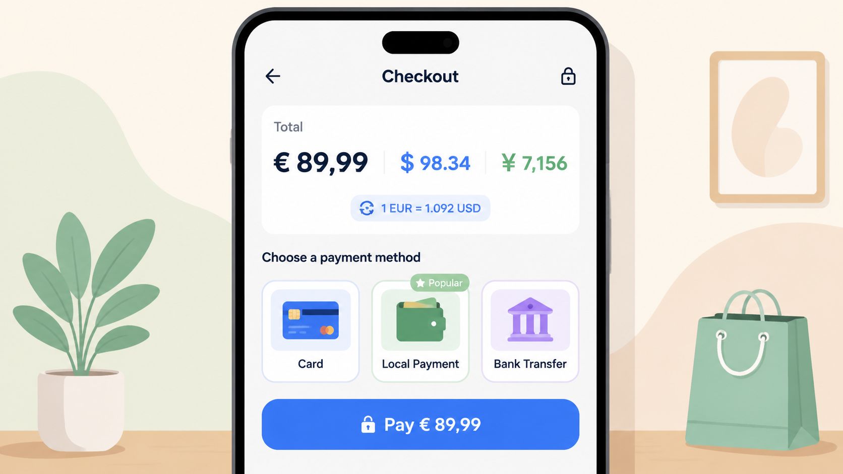 A smartphone screen displaying a checkout page with multi-currency payment options and various payment method selections.
