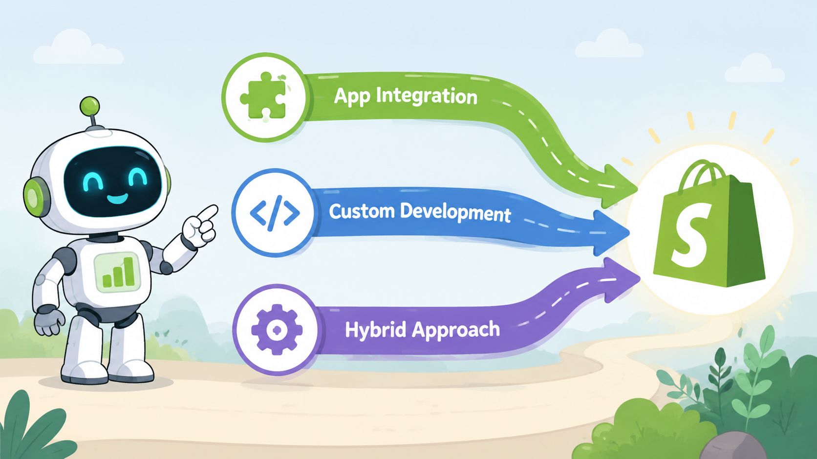 A cute robot pointing towards three different Shopify development strategies: App Integration, Custom Development, and Hybrid Approach.