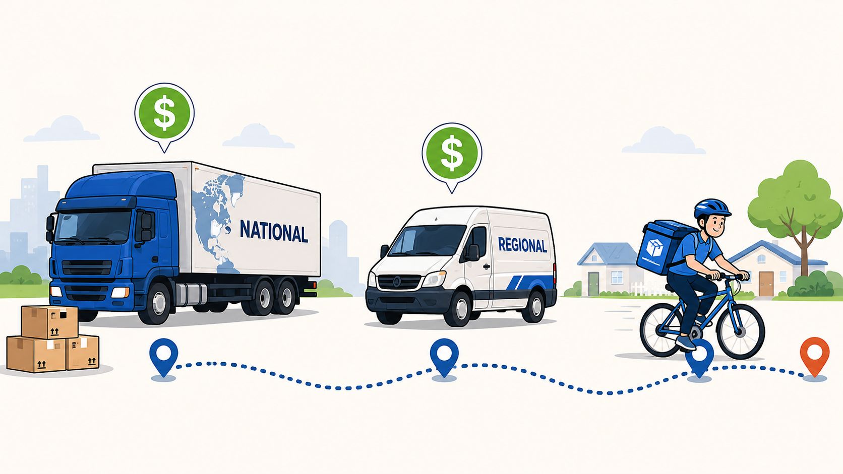 A diagram illustrating a logistics delivery process from a national truck to a regional van and bicycle courier.