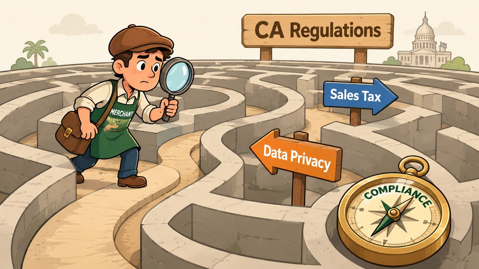 A merchant looking through a magnifying glass while navigating a complex maze representing California regulations.