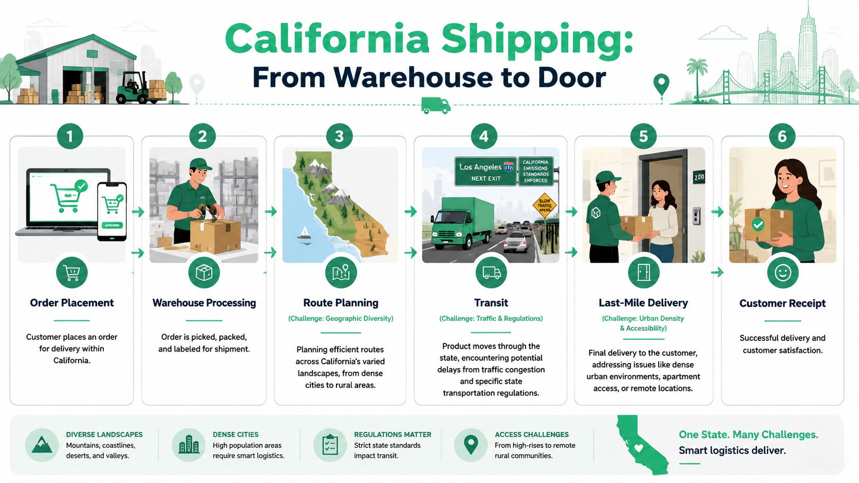 An infographic illustrating the six-step shipping process from warehouse to customer door in California.
