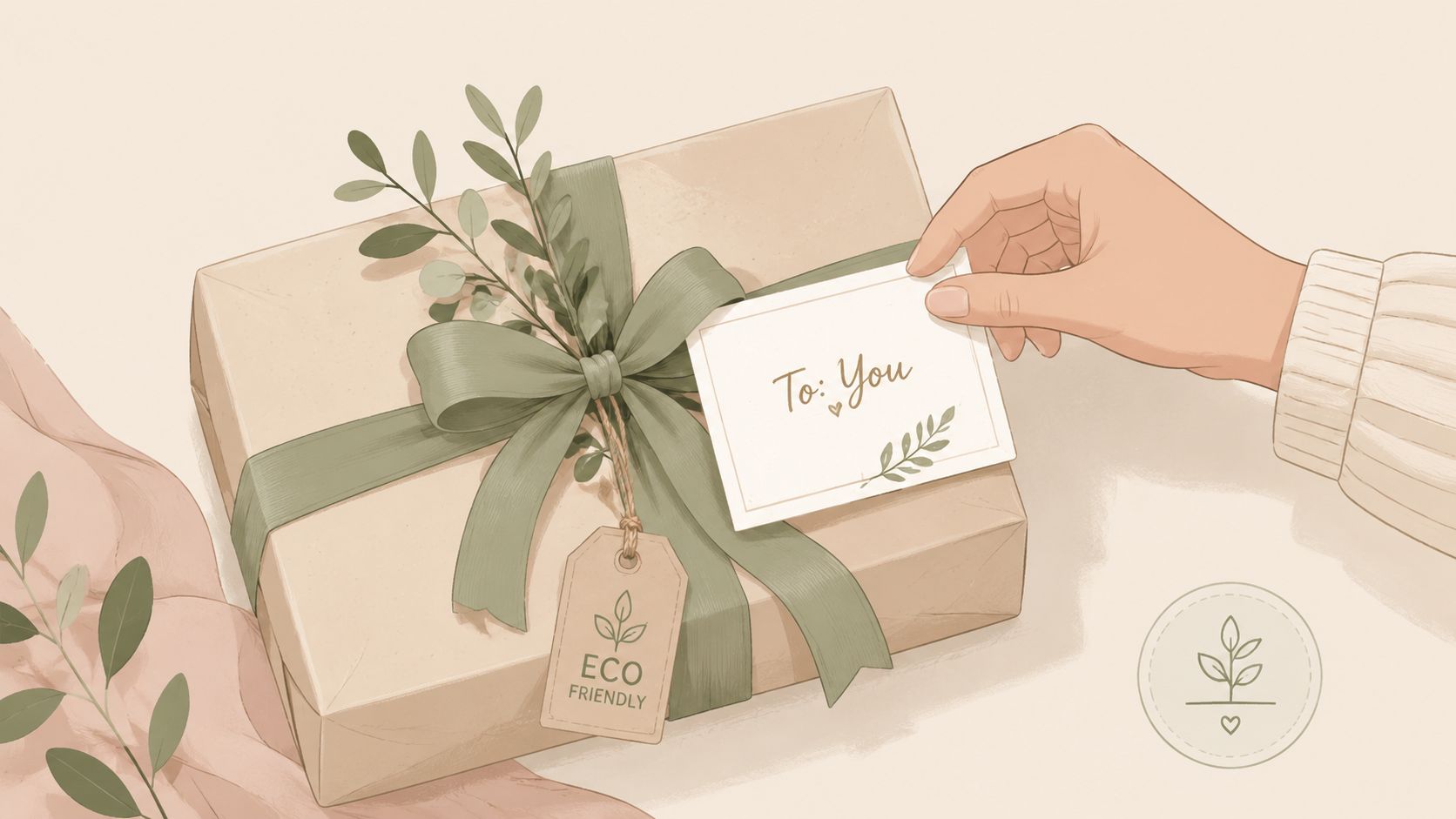 A hand placing a thoughtful gift note on an eco-friendly gift box wrapped in sustainable brown paper.