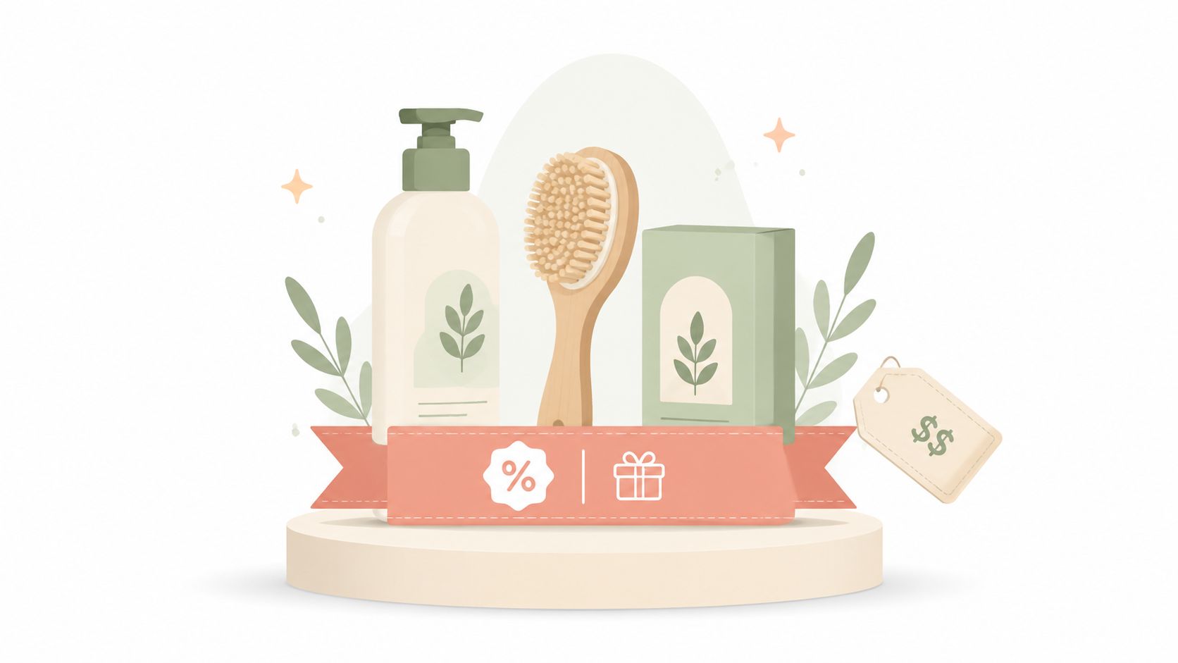 A product display featuring body care items, a discount icon, and a gift icon on a pedestal.