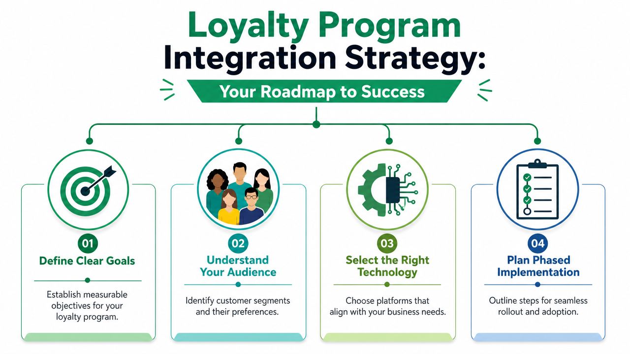 A roadmap infographic showing four steps for successful loyalty program integration and strategic implementation.