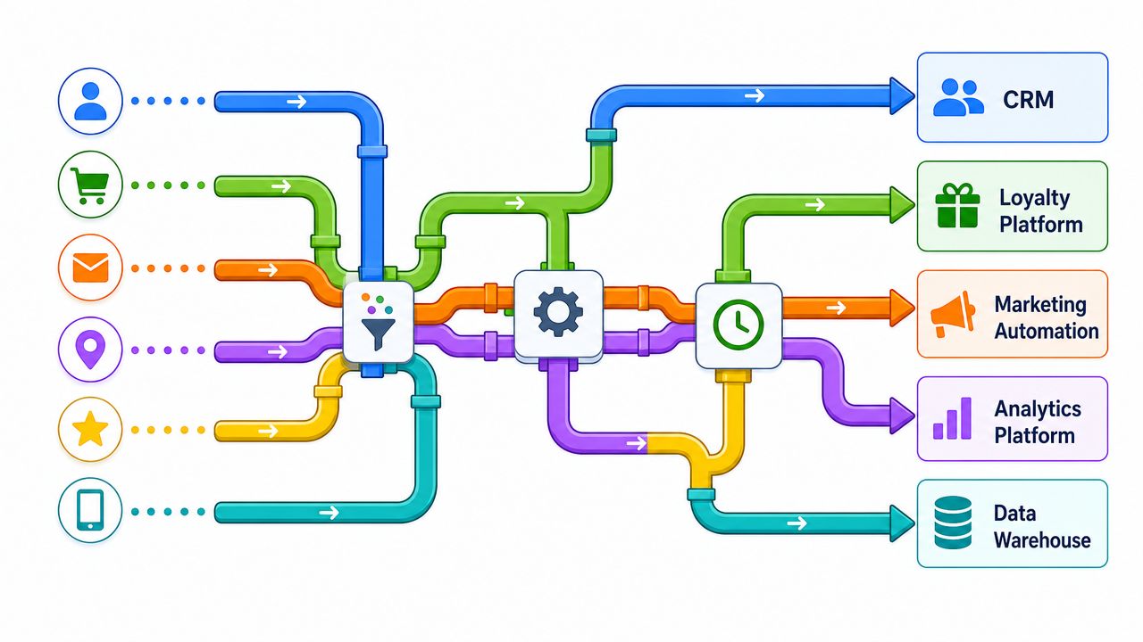 A diagram illustrating data pipelines connecting various sources to platforms like CRM, Loyalty, and Marketing Automation tools.