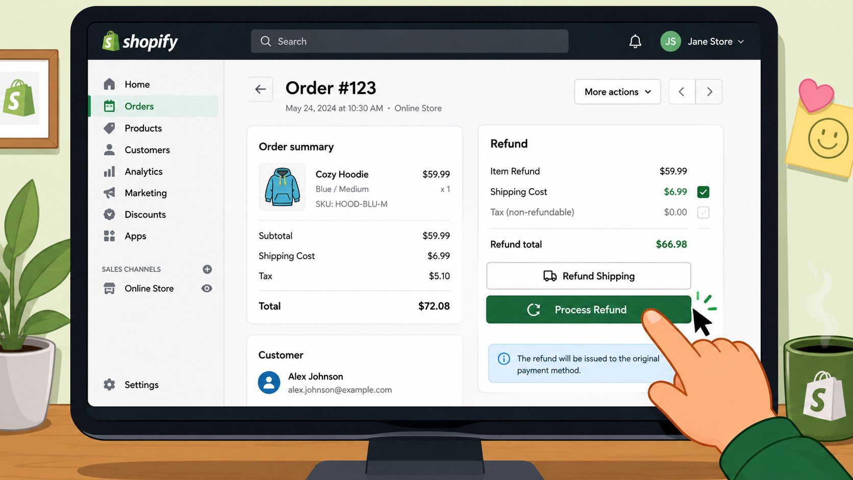 A hand clicks the process refund button on a Shopify interface to issue a customer shipping refund.
