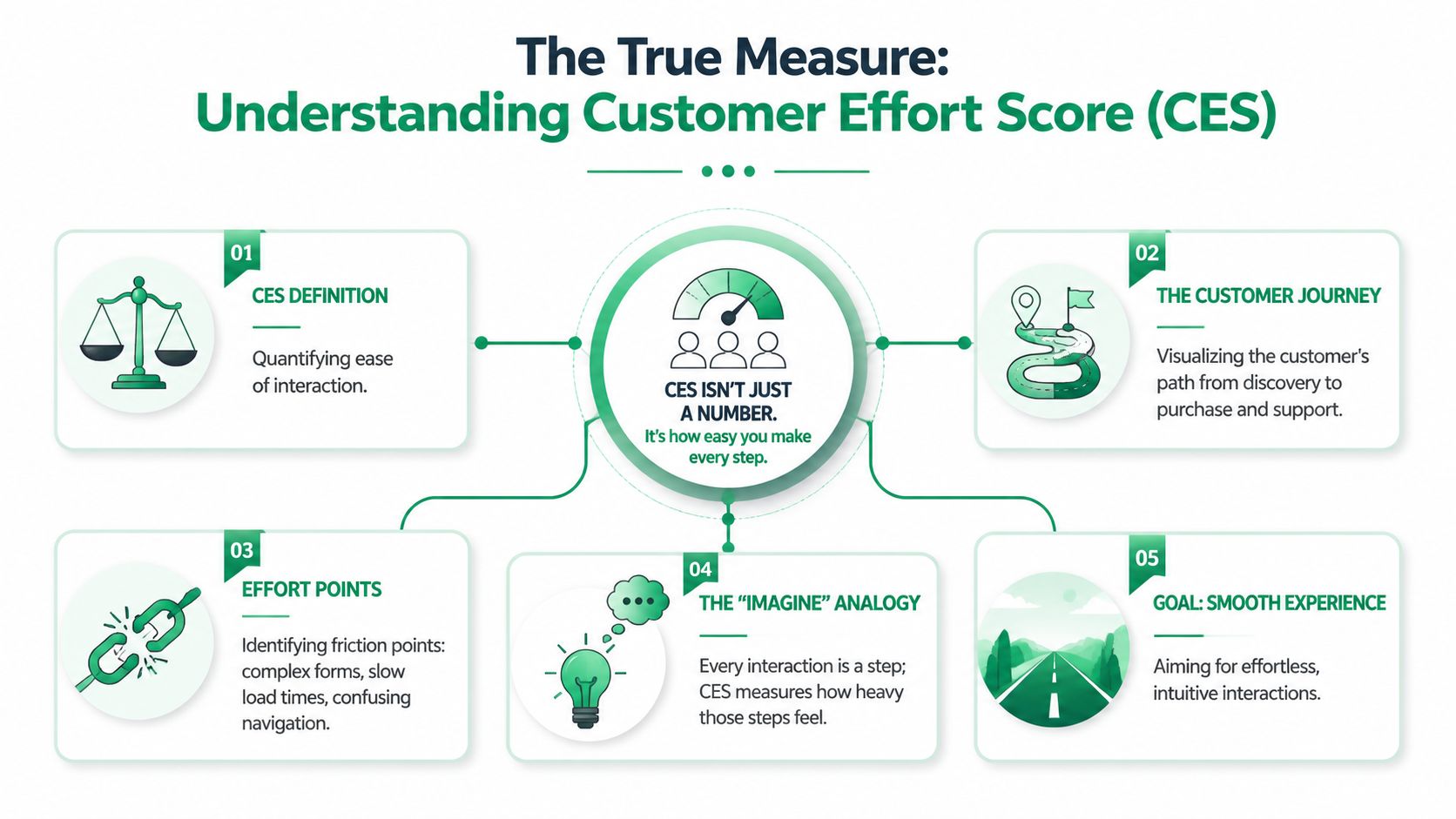 An infographic titled The True Measure explaining the five key concepts of Customer Effort Score in business.