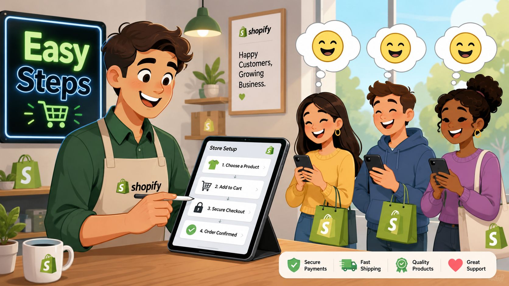 A happy shop owner demonstrates the four easy steps of Shopify store setup to smiling customers.