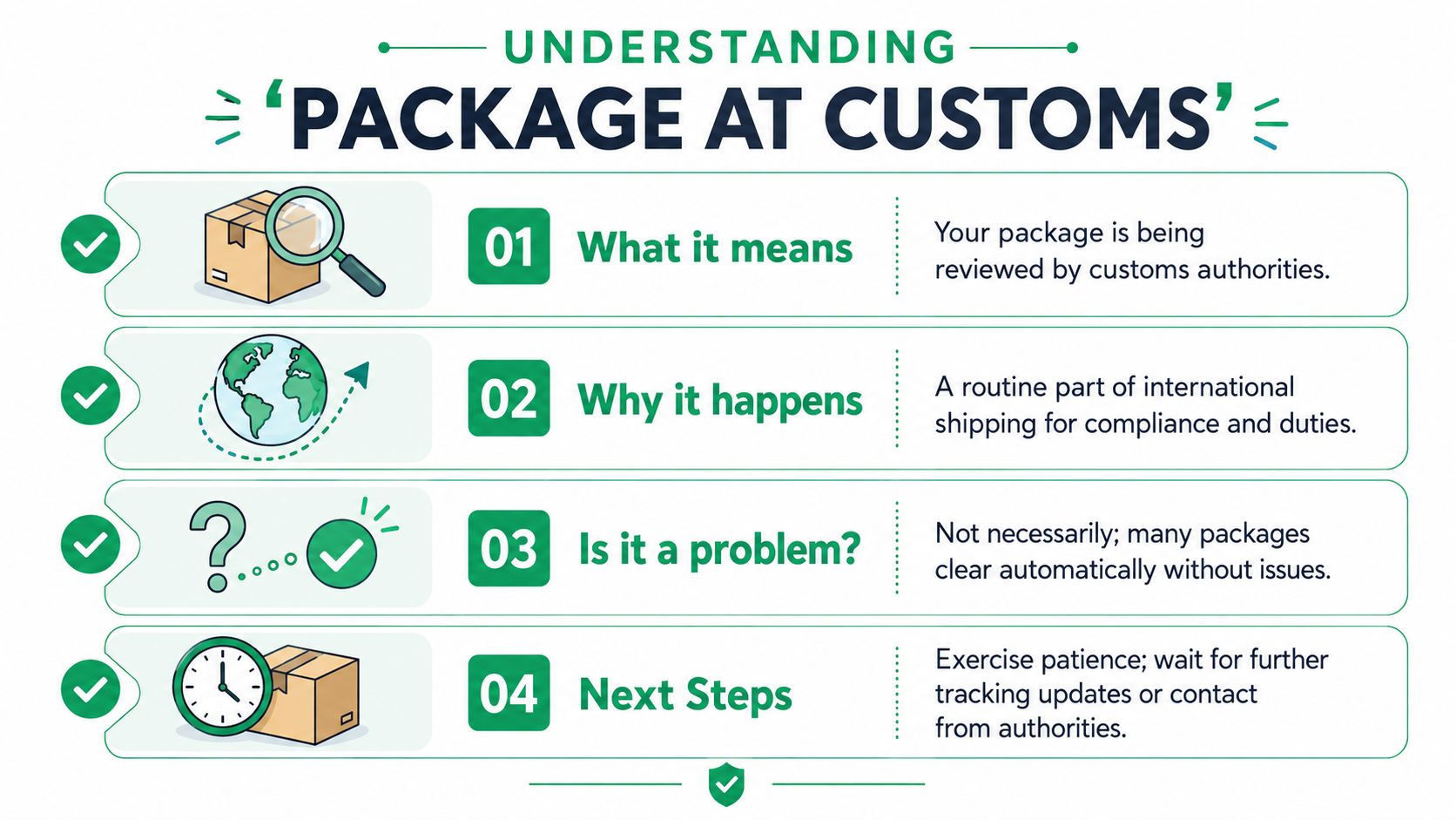 An infographic explaining that a package at customs is undergoing routine review by authorities during international shipping.