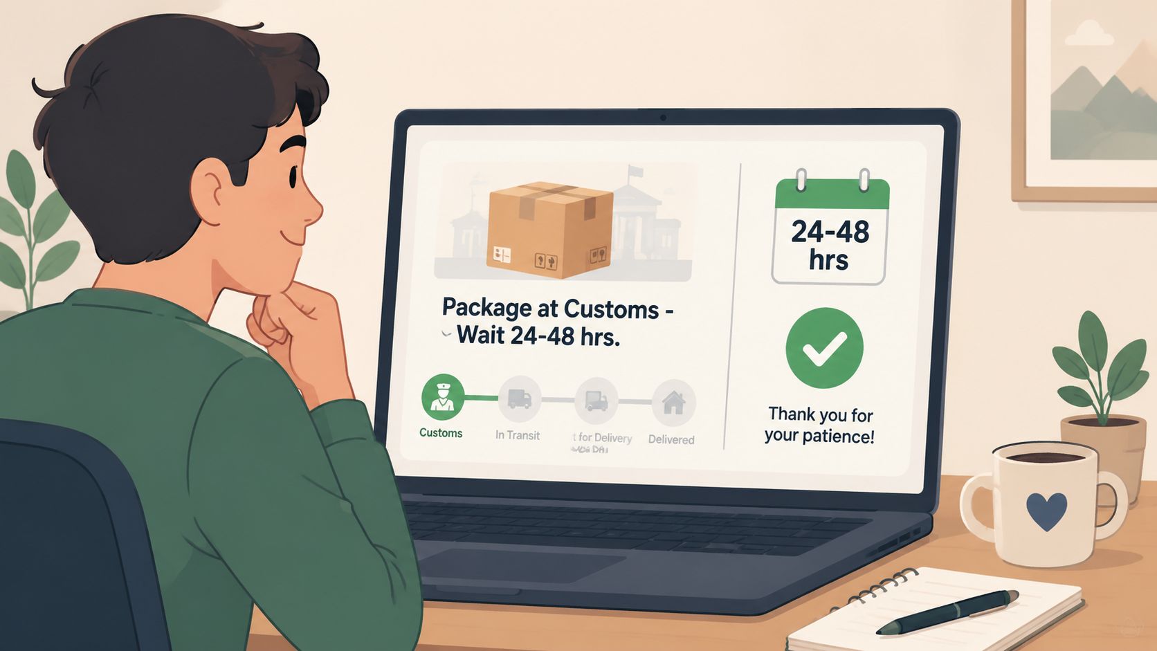 A person looking at a laptop screen showing a package status update at customs.