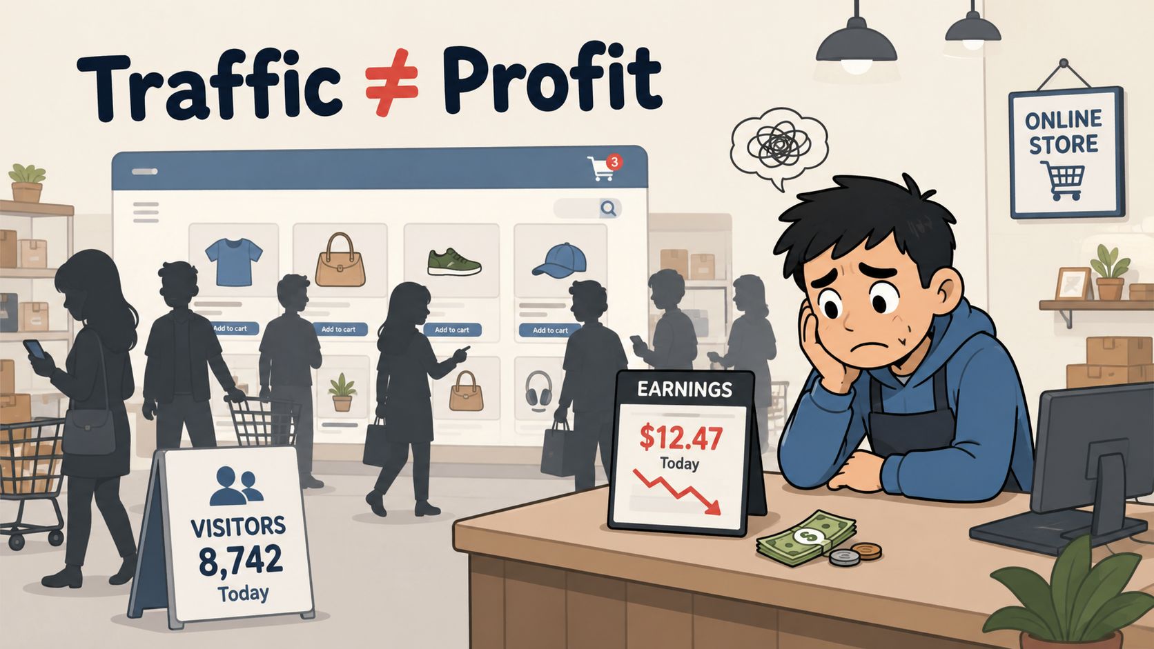 A frustrated store owner looks at low daily earnings despite high website visitor traffic numbers.