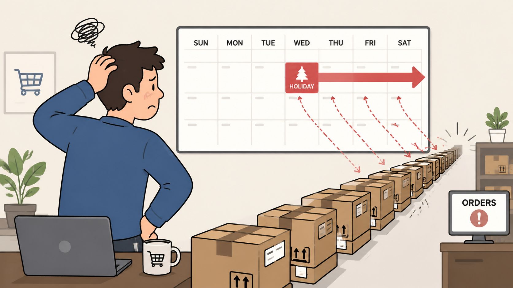 A confused person looking at a calendar showing holiday delays for piled up product shipping boxes.