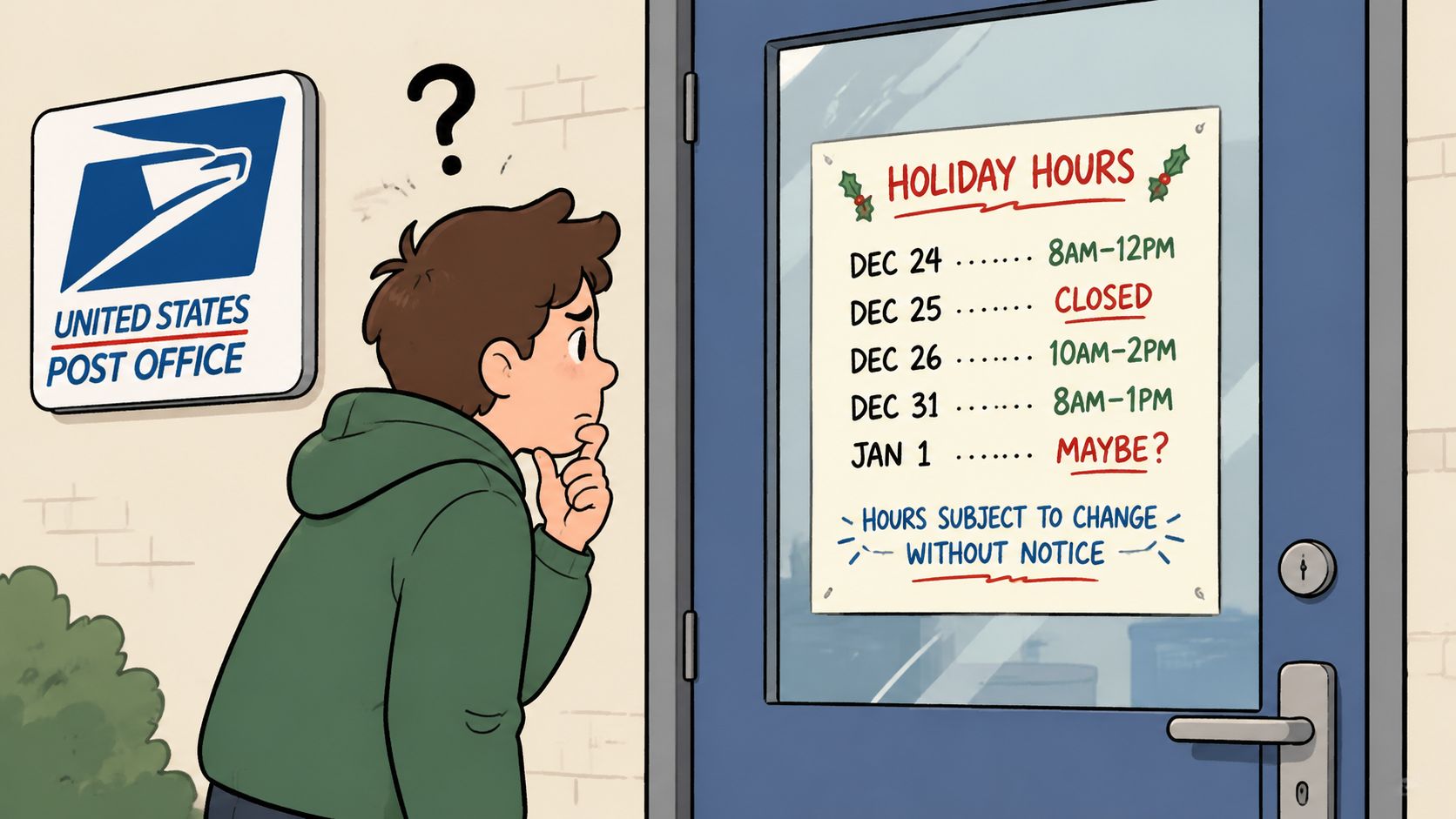 A confused person standing outside a post office looking at a sign listing irregular holiday operating hours.