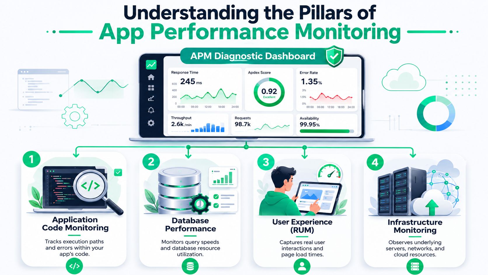 An infographic illustrating the four pillars of application performance monitoring featuring a diagnostic dashboard and icons.