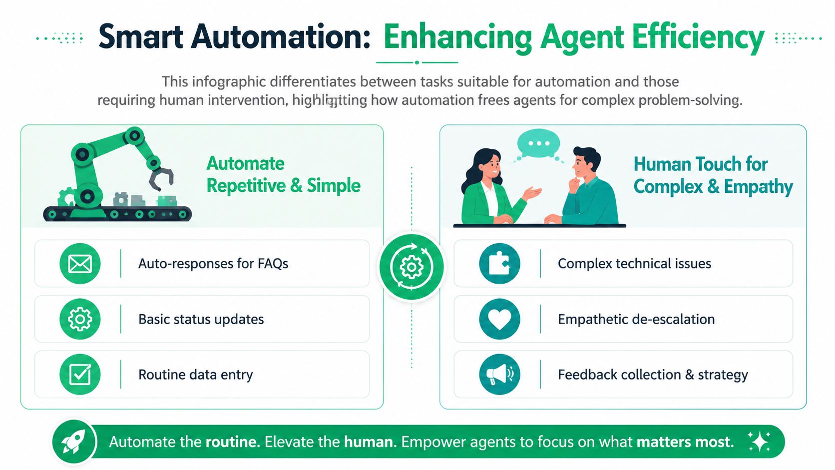 An infographic showing how to balance smart automation with human interaction to improve customer service efficiency.