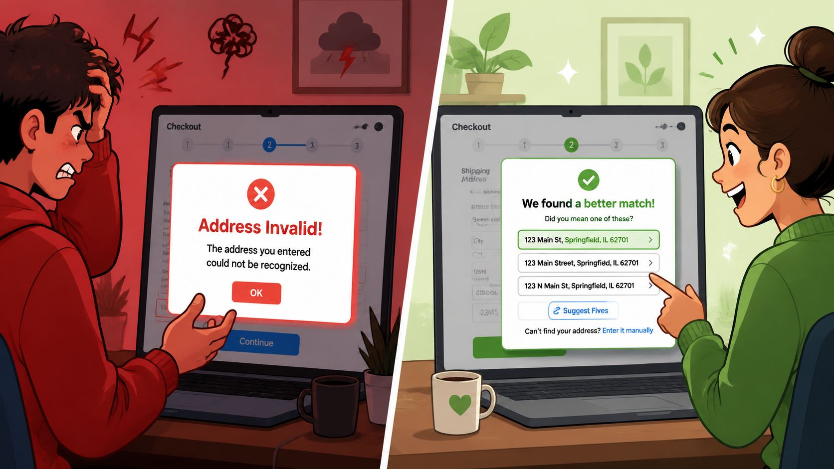 A split screen comparing a frustrating checkout experience with an invalid address versus a helpful address validation tool.