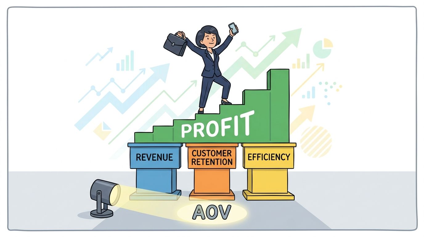 A cartoon illustration of a businesswoman climbing a staircase labeled Profit, supported by pillars of business metrics.