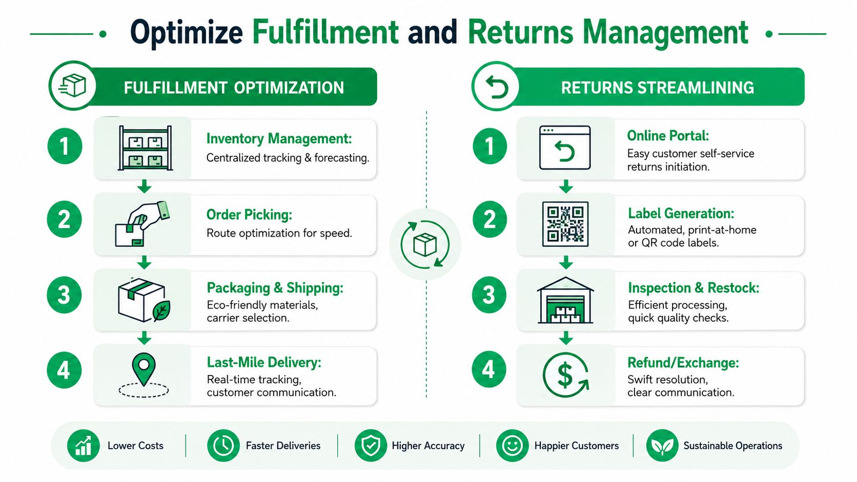 A diagram outlining the key stages for optimizing e-commerce order fulfillment and streamlining product returns management processes.