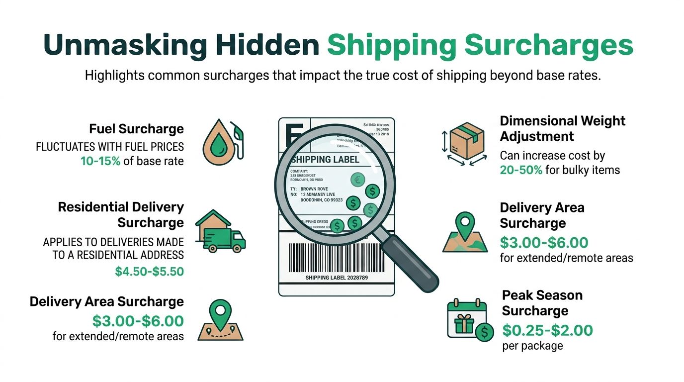 An infographic titled Unmasking Hidden Shipping Surcharges, showing various common extra fees added to shipping costs.