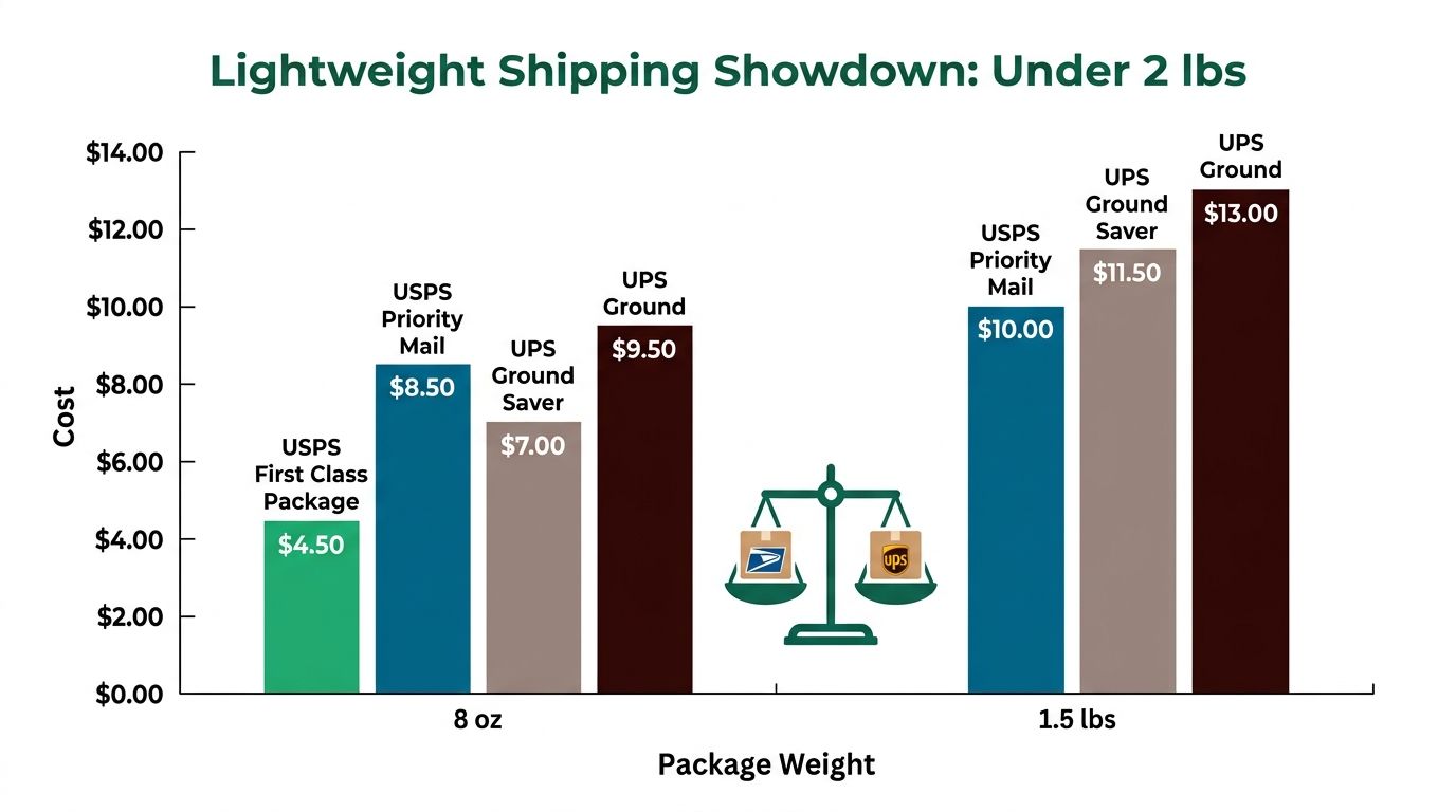 A bar chart comparing shipping costs between USPS and UPS for packages weighing 8 ounces and 1.5 pounds.