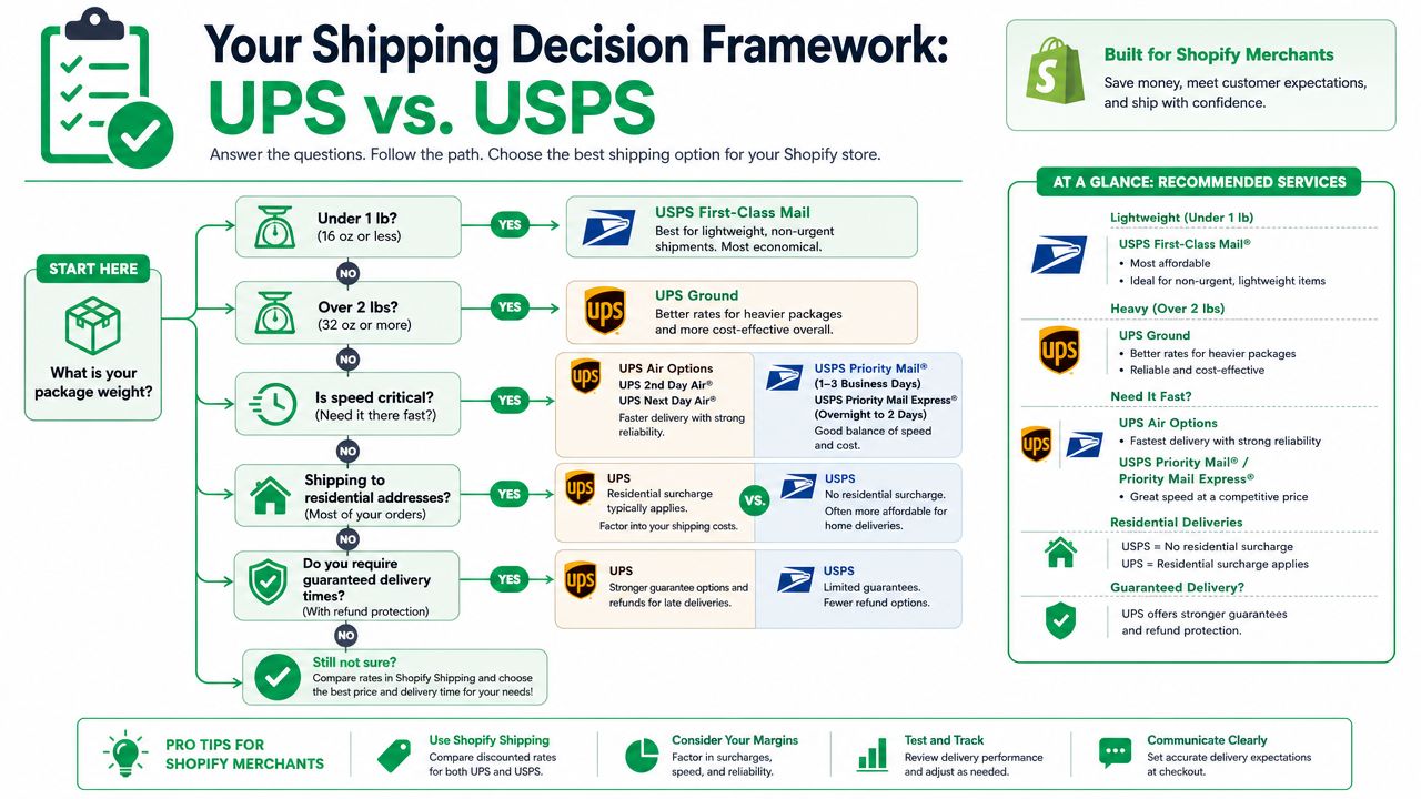 A decision framework infographic comparing shipping options between UPS and USPS for Shopify e-commerce business owners.