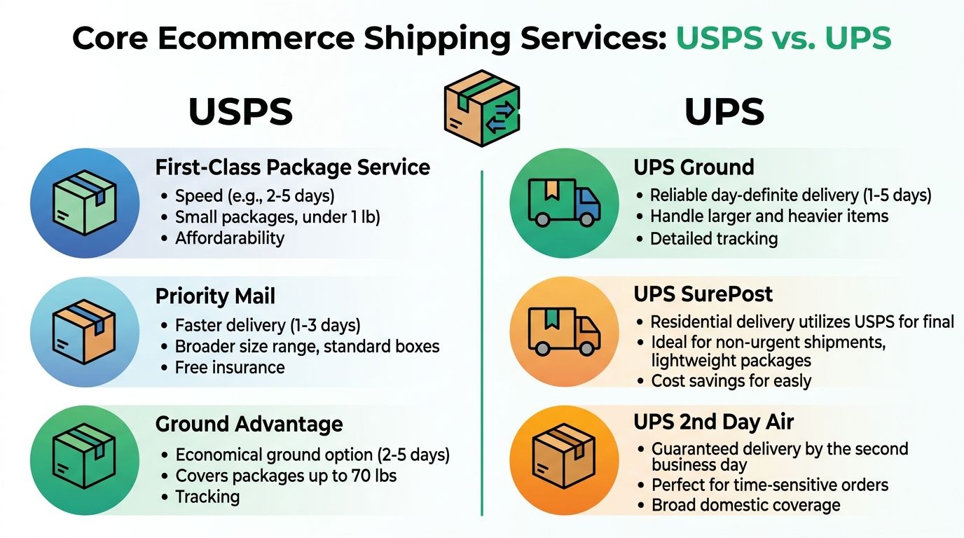 A comparison chart outlining core ecommerce shipping services offered by USPS and UPS for business owners.