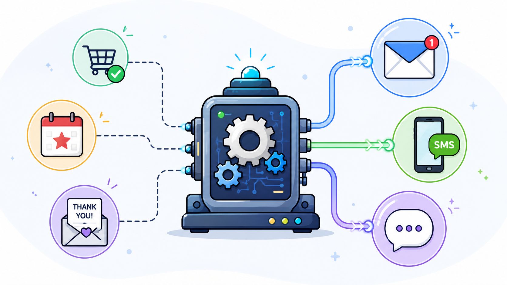 An automated workflow machine connecting business inputs like purchases and scheduling to customer notification channels.