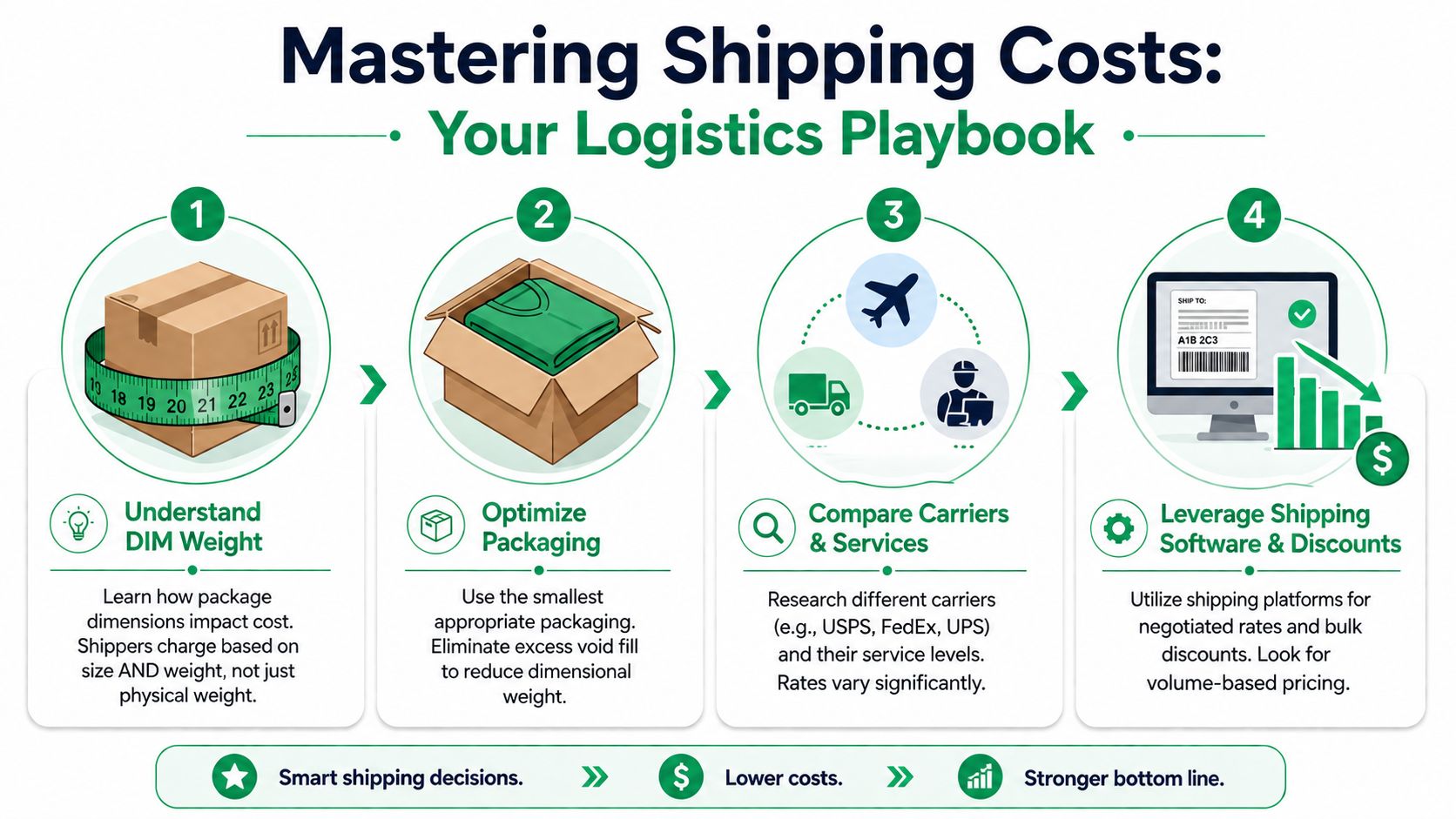 A four-step infographic illustrating how to reduce shipping costs by optimizing packaging, dimensions, and carrier selection.