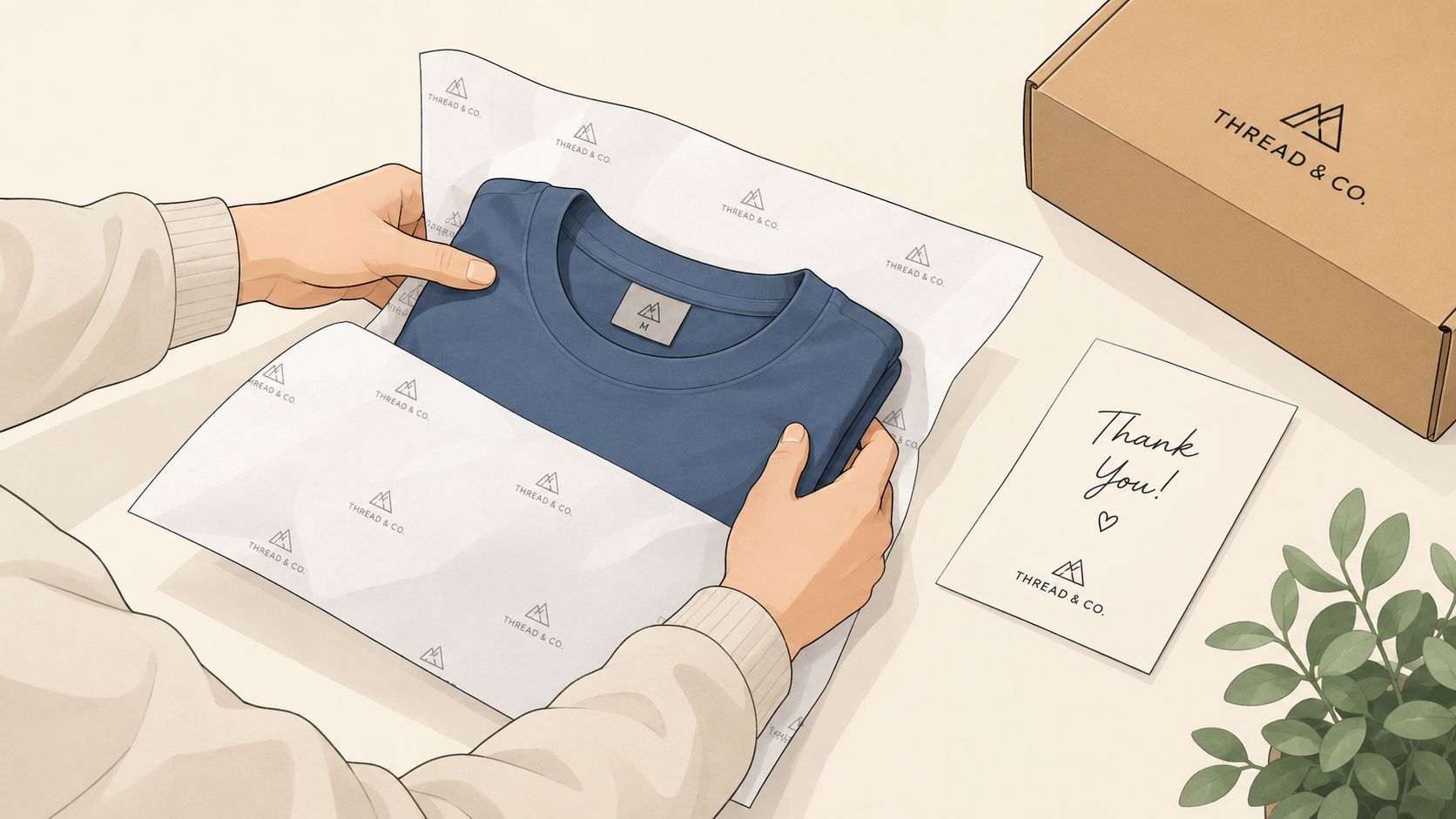 A person carefully folding a blue t-shirt wrapped in branded tissue paper next to a shipping box.