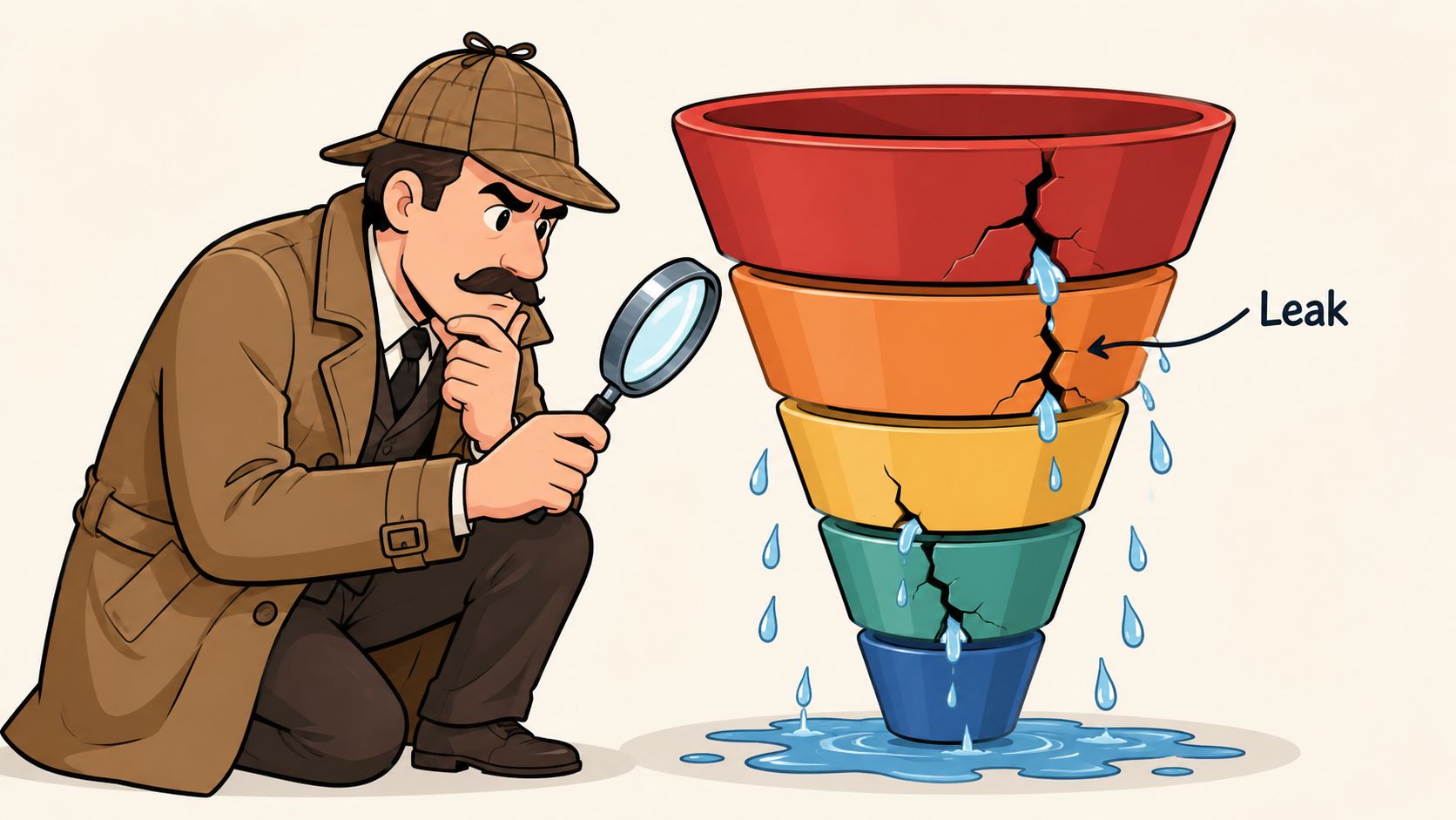 A detective examines a leaking sales funnel with a magnifying glass representing conversion rate optimization strategies.