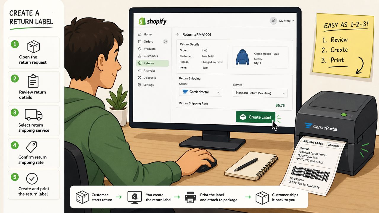 A digital illustration showing a user creating a return label on a computer using Shopify and CarrierPortal software.