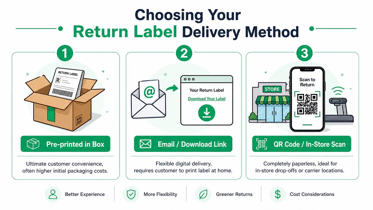 An infographic illustrating three different methods for delivery of a product return shipping label to customers.
