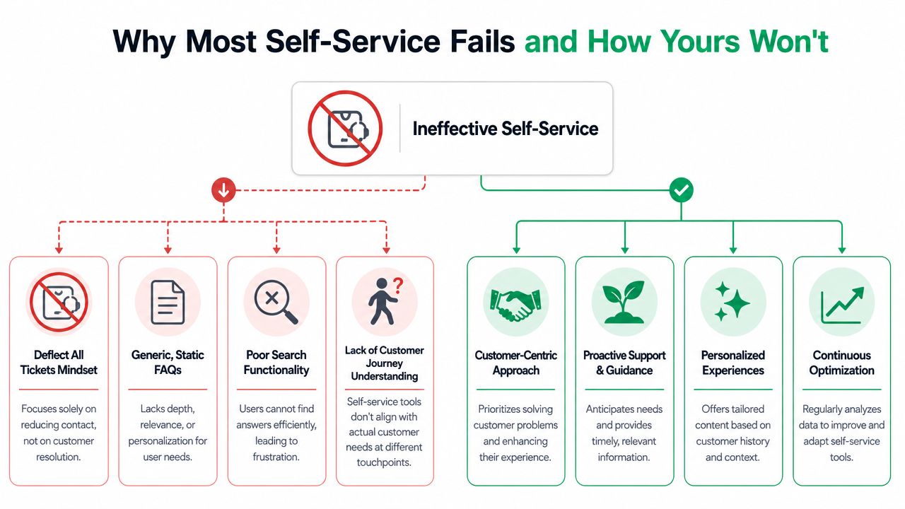 A diagram comparing ineffective self-service strategies to successful customer-centric approaches for business support services.